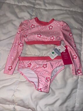 NWT Barbie Toddler Girls Rash Guard Swimsuit 2 Piece Pink Floral 12 Mo 18 Mo